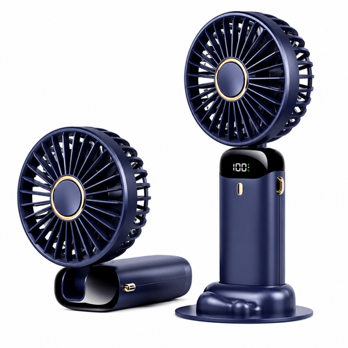 Portable Handheld Fan with LED Digital Display – Rechargeable Mini Personal Fan, 5 Speeds, Foldable Neck & Desk Fan